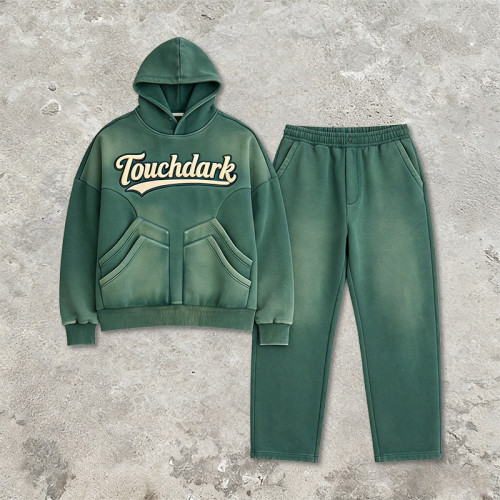 2026 New Design Vintage Washed Spray Dye Applique Hoodie Set | Vintage Streetwear | Custom Streetwear