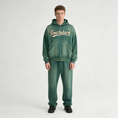 2026 New Design Vintage Washed Spray Dye Applique Hoodie Set | Vintage Streetwear | Custom Streetwear