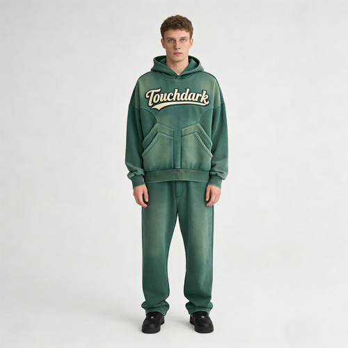 2026 New Design Vintage Washed Spray Dye Applique Hoodie Set | Vintage Streetwear | Custom Streetwear