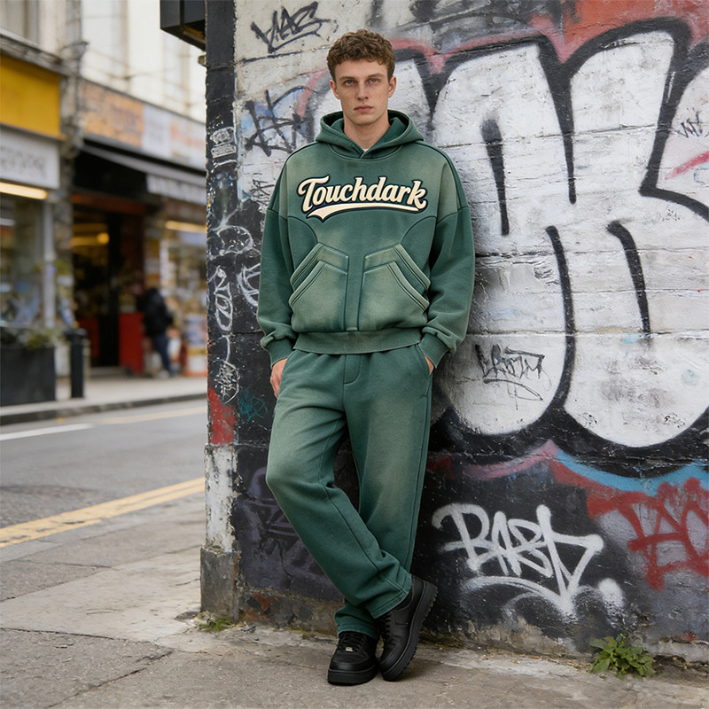 Vintage Washed Spray Dye Applique Hoodie Set