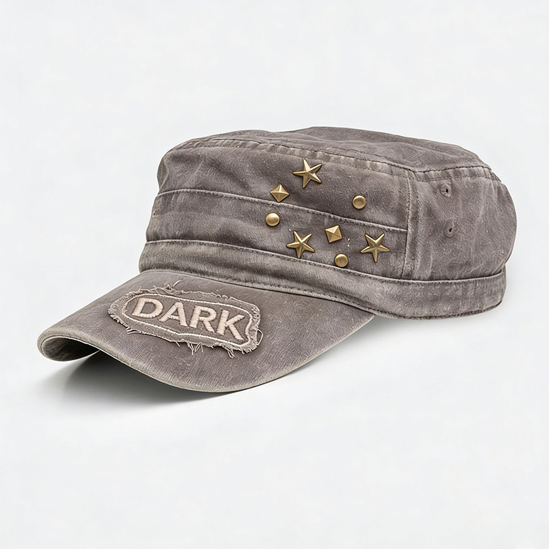 Vintage Washed Studded Applique Flat Cap