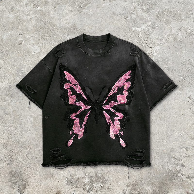 Sonic Wear Washed Distressed Sequin T-shirt