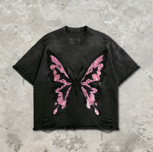 Custom Sonic Wear Washed Distressed Sequin T-shirt | Streetwear | Rhinestone | Custom Clothing Manufacturer