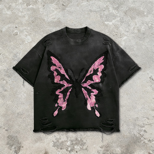 Custom Sonic Wear Washed Distressed Sequin T-shirt | Streetwear | Rhinestone | Custom Clothing Manufacturer