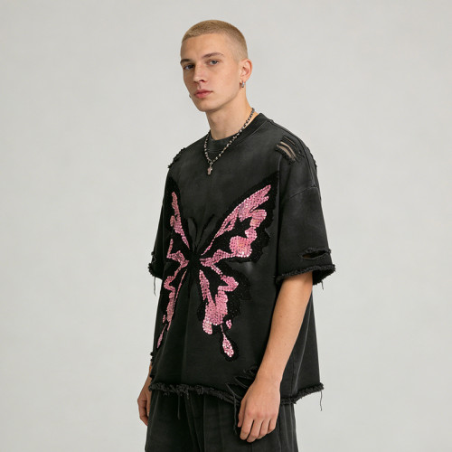 Custom Sonic Wear Washed Distressed Sequin T-shirt | Streetwear | Rhinestone | Custom Clothing Manufacturer