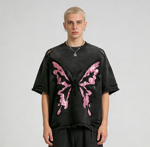 Custom Sonic Wear Washed Distressed Sequin T-shirt | Streetwear | Rhinestone | Custom Clothing Manufacturer