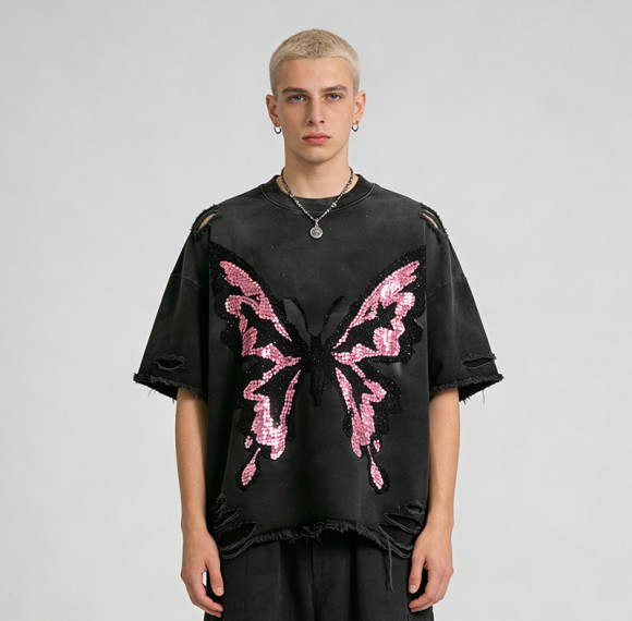 Custom Sonic Wear Washed Distressed Sequin T-shirt | Streetwear | Rhinestone | Custom Clothing Manufacturer