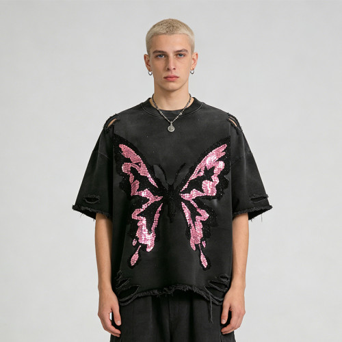 Custom Sonic Wear Washed Distressed Sequin T-shirt | Streetwear | Rhinestone | Custom Clothing Manufacturer