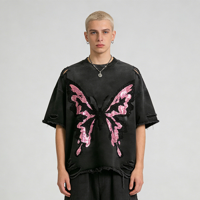 Custom Sonic Wear Washed Distressed Sequin T-shirt | Streetwear | Rhinestone | Custom Clothing Manufacturer