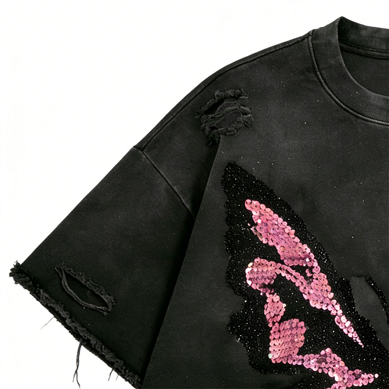 Sonic Wear Washed Distressed Sequin T-shirt