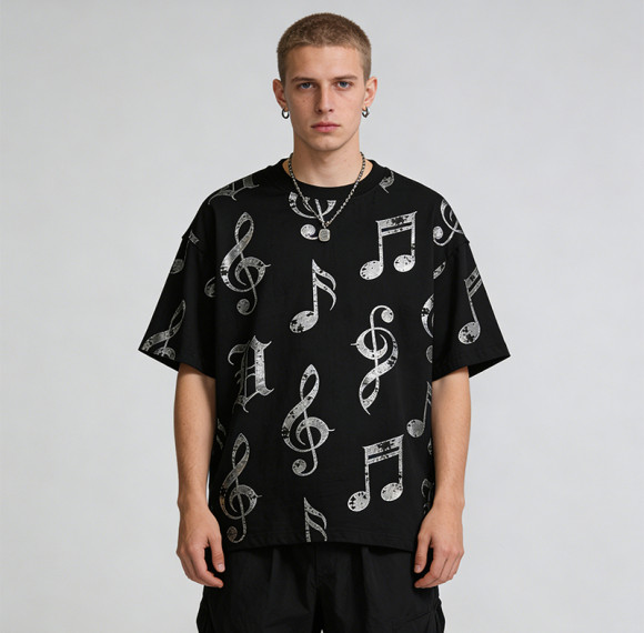 2026 New Design Sonic Wear Silver Foil Music Note T-shirt | Streetwear | Clothing Manufacturer