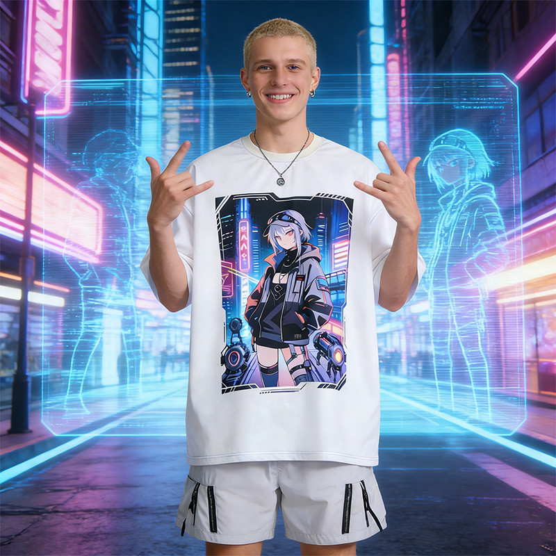 Anime-Inspired Laser Holographic Print T-shirt