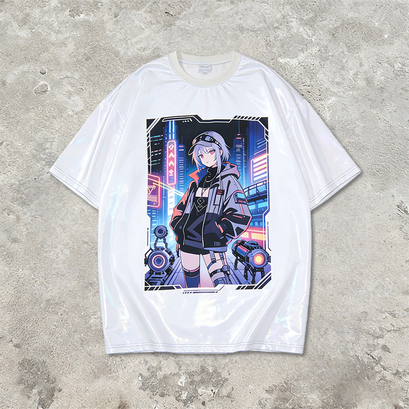 Anime-Inspired Laser Holographic Print T-shirt