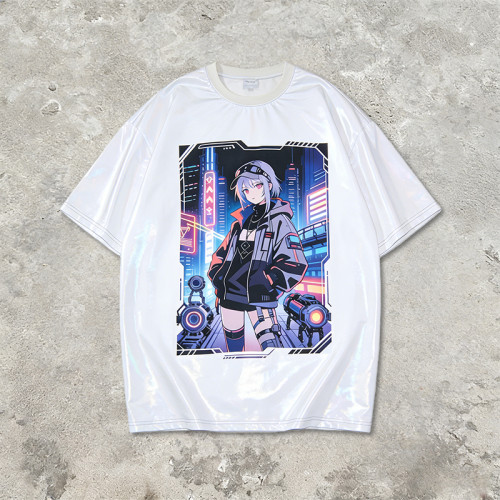 2026 New Design Anime-Inspired Laser Holographic Print T-shirt | Streetwear | 100% Polyester | Clothing Manufacturer