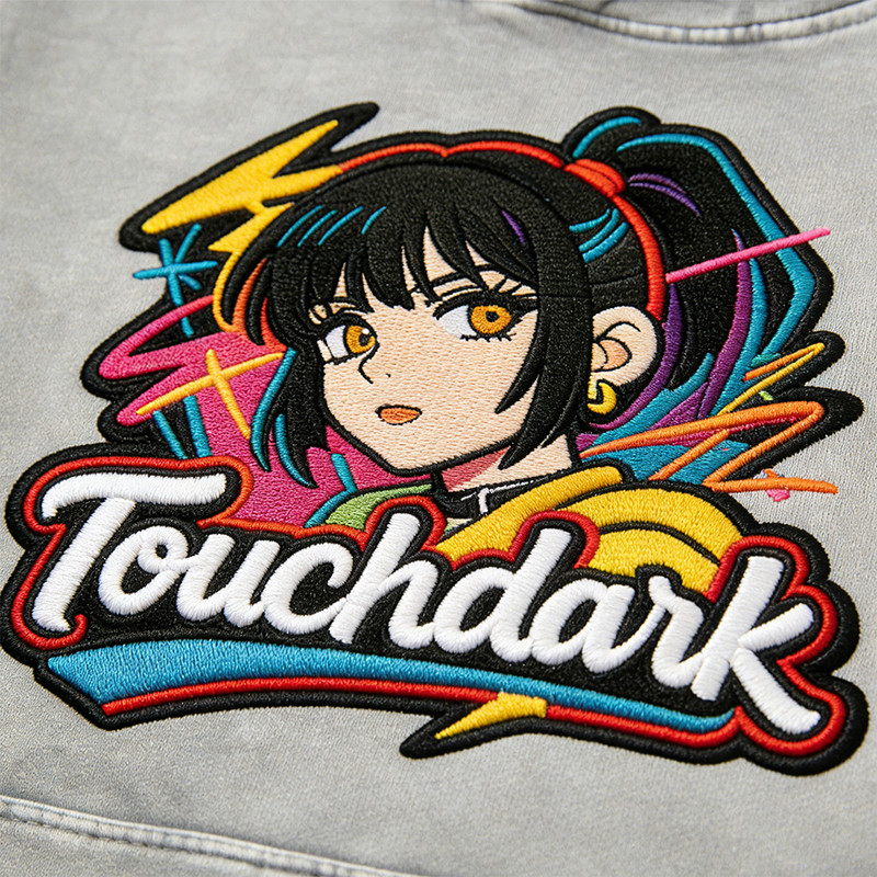 Washed Applique Embroidered Anime Hoodie