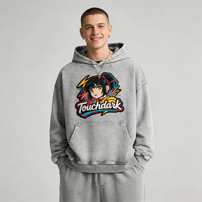 Washed Applique Embroidered Anime Hoodie | Oversized Hoodie | Custom Streetwear Manufacturer