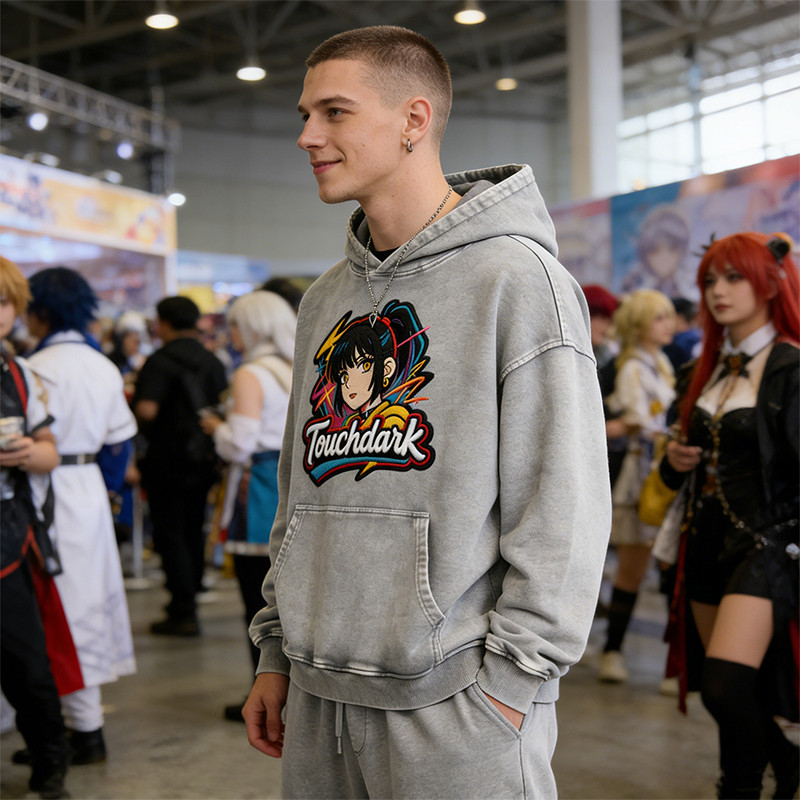 Washed Applique Embroidered Anime Hoodie