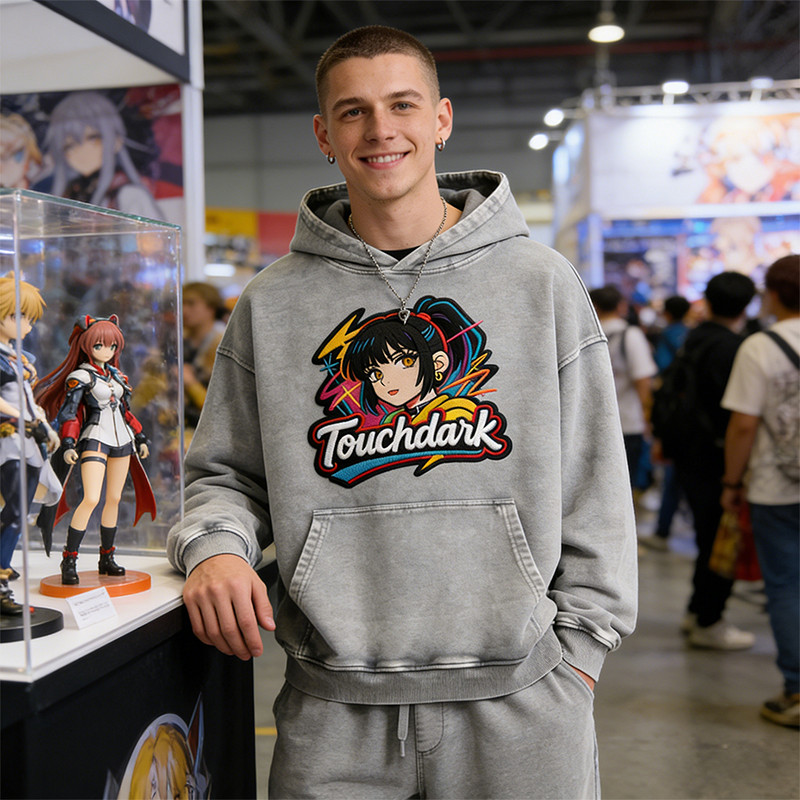 Washed Applique Embroidered Anime Hoodie