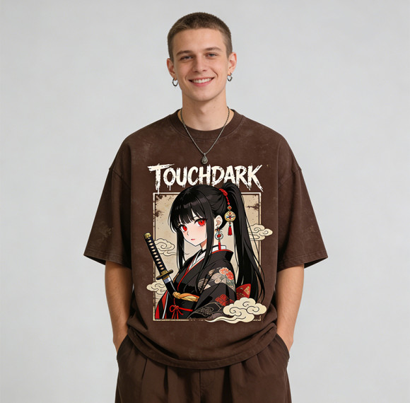 Washed Anime Samurai Digital Printing T-Shirt | Embroidered Sword Graphic | Streetwear Manufacturer