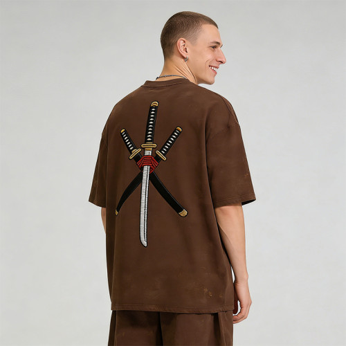 Washed Anime Samurai Digital Printing T-Shirt | Embroidered Sword Graphic | Streetwear Manufacturer