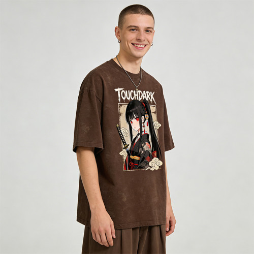 Washed Anime Samurai Digital Printing T-Shirt | Embroidered Sword Graphic | Streetwear Manufacturer