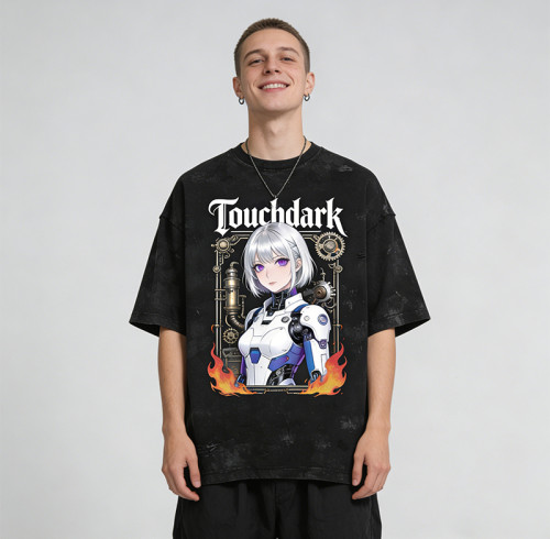 Washed Digital Print Screen Print T-Shirt | Anime Robot Girl Graphic | Distressed Ripped Oversized Tee | OEM Streetwear