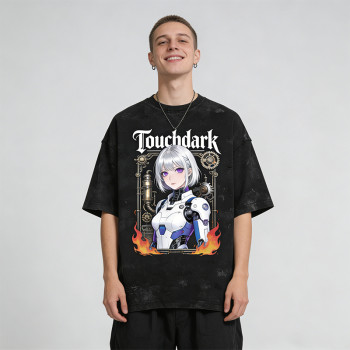 Washed Digital Print Screen Print T-Shirt | Anime Robot Girl Graphic | Distressed Ripped Oversized Tee | OEM Streetwear