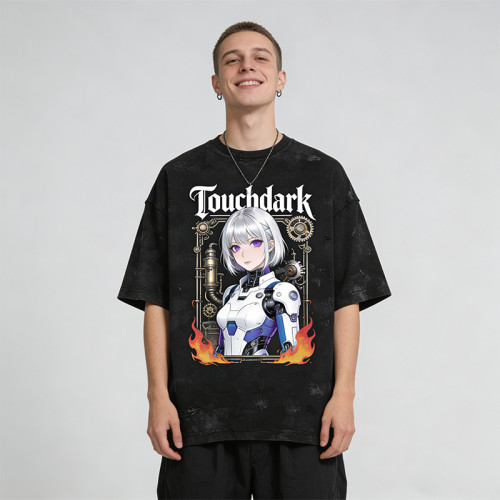 Washed Digital Print Screen Print T-Shirt | Anime Robot Girl Graphic | Distressed Ripped Oversized Tee | OEM Streetwear