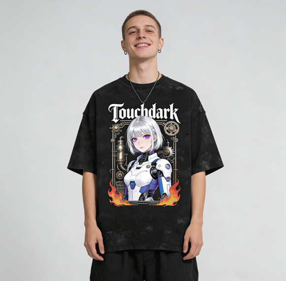 Washed Digital Print Screen Print T-Shirt | Anime Robot Girl Graphic | Distressed Ripped Oversized Tee | OEM Streetwear