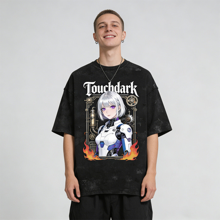 Washed Digital Print Screen Print T-Shirt | Anime Robot Girl Graphic | Distressed Ripped Oversized Tee | OEM Streetwear