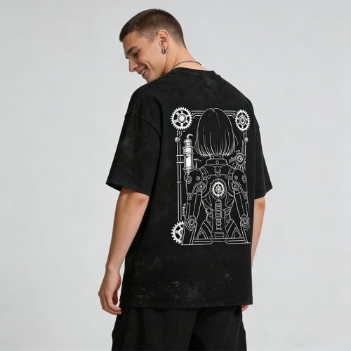 Washed Digital Print Screen Print T-Shirt | Anime Robot Girl Graphic | Distressed Ripped Oversized Tee | OEM Streetwear