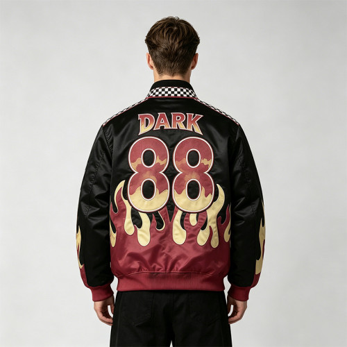 Flame Patchwork Applique Vintage Racing Jacket | Screen Printing | Satin Varsity Streetwear | Custom Streetwear Manufacturer