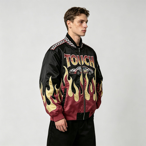 Flame Patchwork Applique Vintage Racing Jacket | Screen Printing | Satin Varsity Streetwear | Custom Streetwear Manufacturer