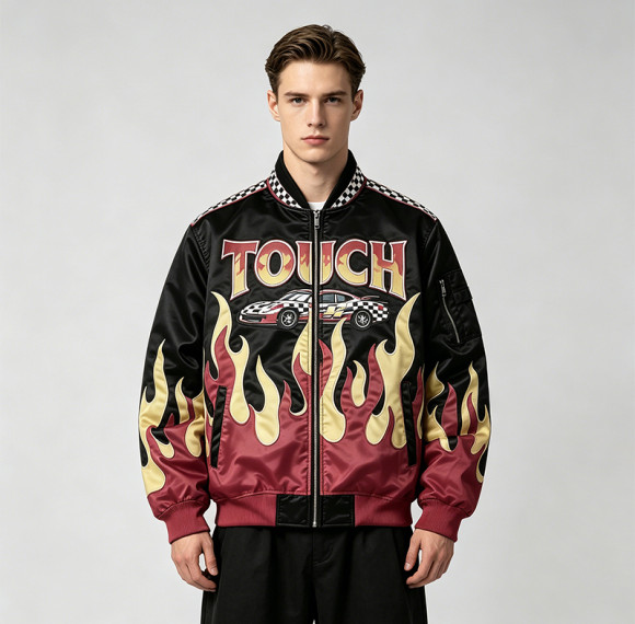 Flame Patchwork Applique Vintage Racing Jacket | Screen Printing | Satin Varsity Streetwear | Custom Streetwear Manufacturer