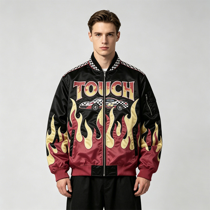Flame Patchwork Applique Vintage Racing Jacket | Screen Printing | Satin Varsity Streetwear | Custom Streetwear Manufacturer
