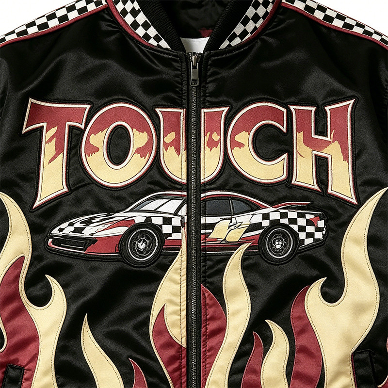 Flame Patchwork Applique Vintage Racing Jacket
