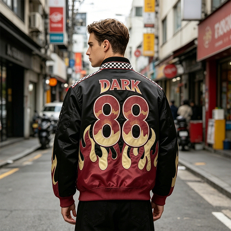 Flame Patchwork Applique Vintage Racing Jacket