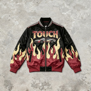 Flame Patchwork Applique Vintage Racing Jacket | Screen Printing | Satin Varsity Streetwear | Custom Streetwear Manufacturer