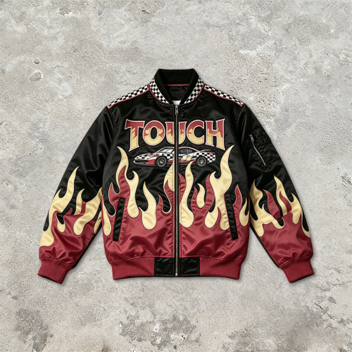 Flame Patchwork Applique Vintage Racing Jacket | Screen Printing | Satin Varsity Streetwear | Custom Streetwear Manufacturer