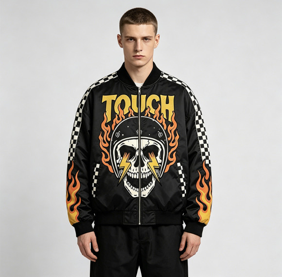 DTG Print Screen Printing Patchwork Racing Jacket | Vintage Skull Flame Streetwear | Custom Streetwear