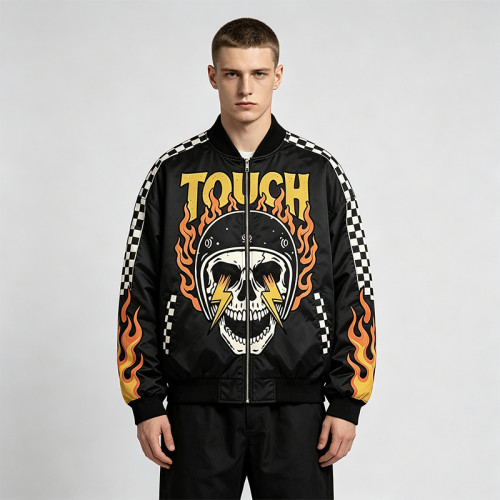 DTG Print Screen Printing Patchwork Racing Jacket | Vintage Skull Flame Streetwear | Custom Streetwear