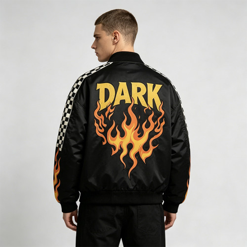 DTG Print Screen Printing Patchwork Racing Jacket | Vintage Skull Flame Streetwear | Custom Streetwear