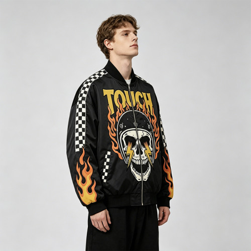 DTG Print Screen Printing Patchwork Racing Jacket | Vintage Skull Flame Streetwear | Custom Streetwear