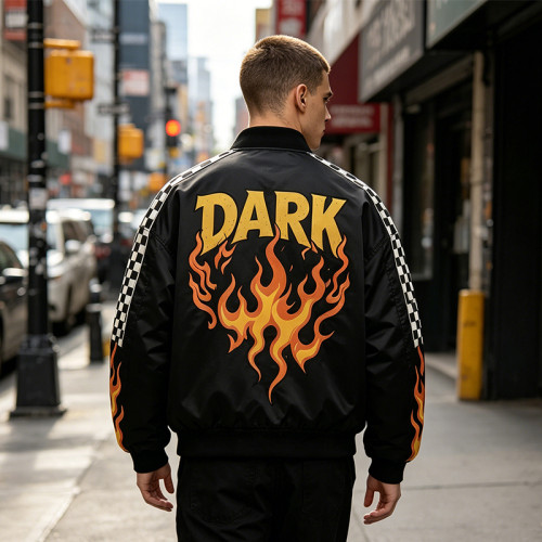DTG Print Screen Printing Patchwork Racing Jacket | Vintage Skull Flame Streetwear | Custom Streetwear