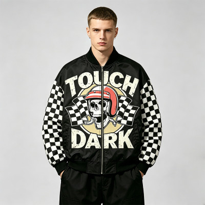 DTG Print Applique Patchwork Racing Jacket | Vintage Racing Skull Streetwear | Clothing Manufacturer
