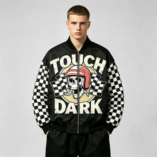 DTG Print Applique Patchwork Racing Jacket | Vintage Racing Skull Streetwear | Clothing Manufacturer
