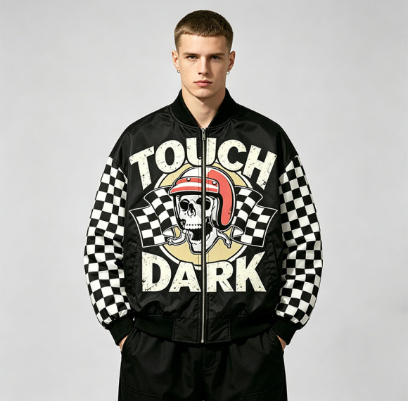 DTG Print Applique Patchwork Racing Jacket | Vintage Racing Skull Streetwear | Clothing Manufacturer