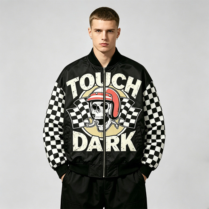 DTG Print Applique Patchwork Racing Jacket | Vintage Racing Skull Streetwear | Clothing Manufacturer