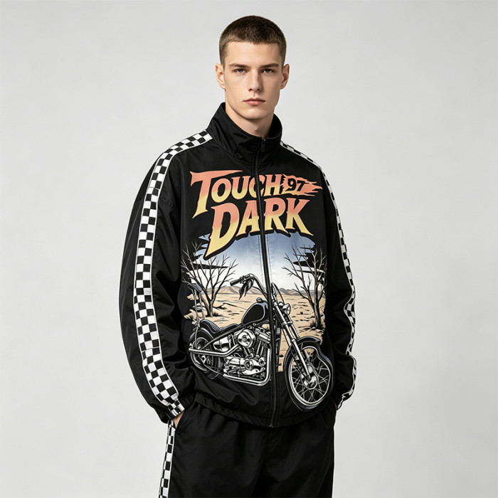 DTG Print Patchwork Checkerboard Racing Jacket | Vintage 97 Streetwear | Custom Streetwear Manufacturer