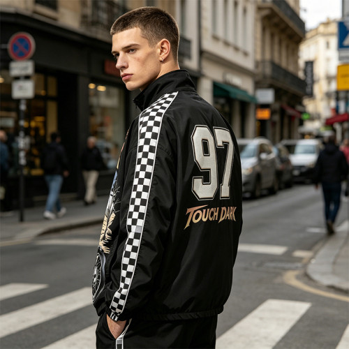 DTG Print Patchwork Checkerboard Racing Jacket | Vintage 97 Streetwear | Custom Streetwear Manufacturer